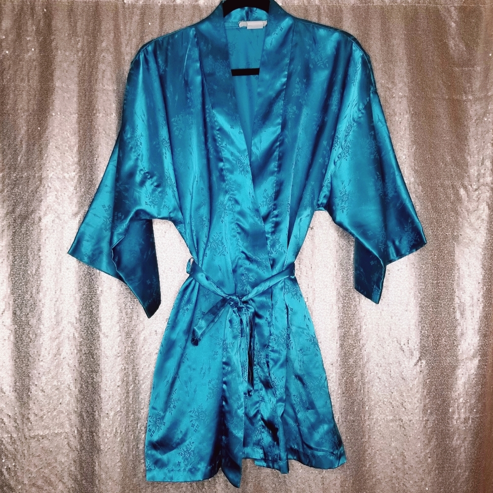 California Miss EUC L floral turquoise satiny robe